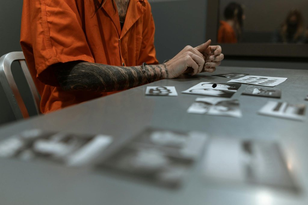 A prisoner in an orange jumpsuit reviews evidence photos in a dimly lit room.